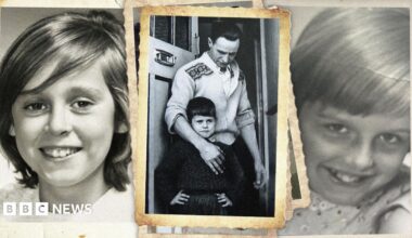 A composite image of the disaster site and people affected. They are all black and white photos and include an aerial view of the submerged school and individual photos of young children.