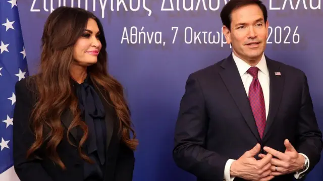 Kimberly Guilfoyle is seen with US Secretary of State Marco Rubio earlier this month at an event in Athens, Greece