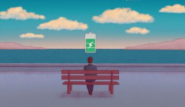 Illustration of a person sat on a bench looking out to the sea. Above them is a battery being recharged