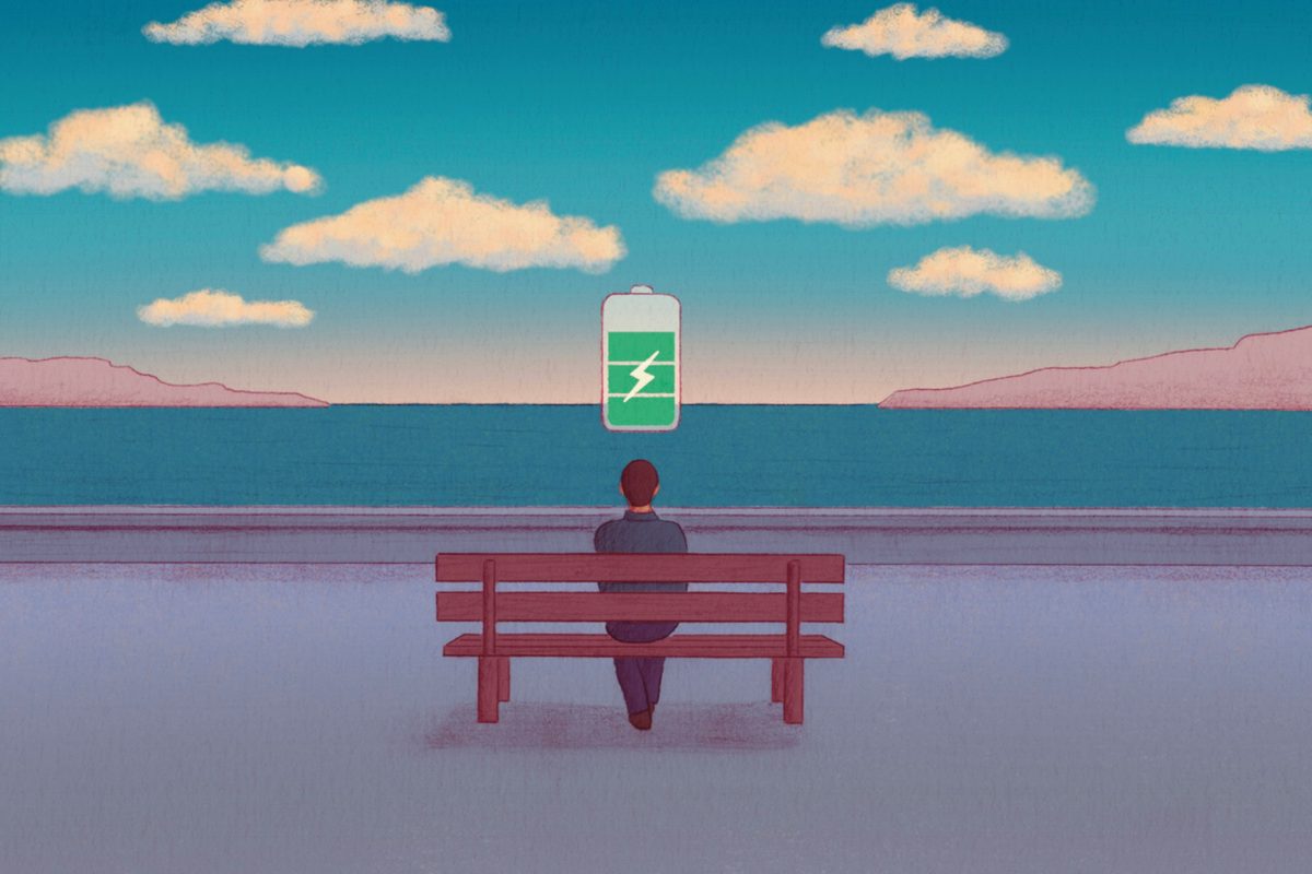 Illustration of a person sat on a bench looking out to the sea. Above them is a battery being recharged