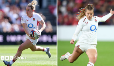 Megan Jones and Zoe Harrison of England in white England kit during the Women's Guinness Six Nations 2026 match between England and Wales at Ashton Gate on April 25, 2026 in Bristol, England.