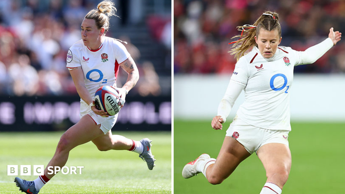 Megan Jones and Zoe Harrison of England in white England kit during the Women's Guinness Six Nations 2026 match between England and Wales at Ashton Gate on April 25, 2026 in Bristol, England.