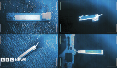 A graphic showing satellite images of vessels docked at the Wonsan maintenance dock in a 2×2 grid. The images are dated, clockwise from the top left, 24 October 2025, 31 January 2026, 9 July 2026 and 12 April 2026. The October 2025 image shows vessels measuring approximately 55m and 80m long. The January and April 2026 images show vessels measuring 50m and 80m, while the July 2026 image shows only the 50m vessel.