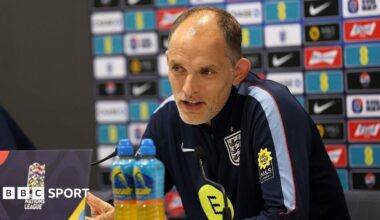 Thomas Tuchel speaking in an England news conference