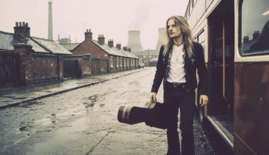 A young, AI-generated KK Downing steps off a bus holding a guitar case