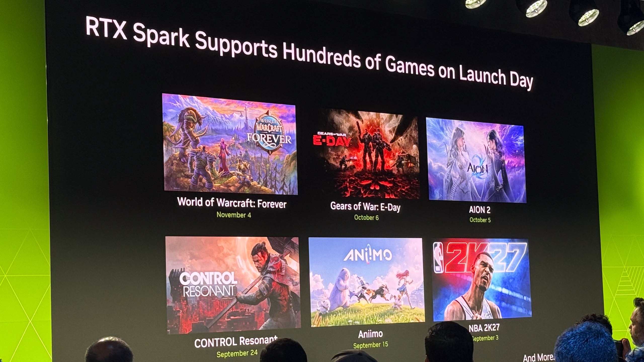 A slide on stage reading 'RTX Spark Supports Hundreds of Games on Launch Day'. It shows six titles already supported, including World of Warcraft: Forever; Gears of War: E-day; and Control: Resonant.