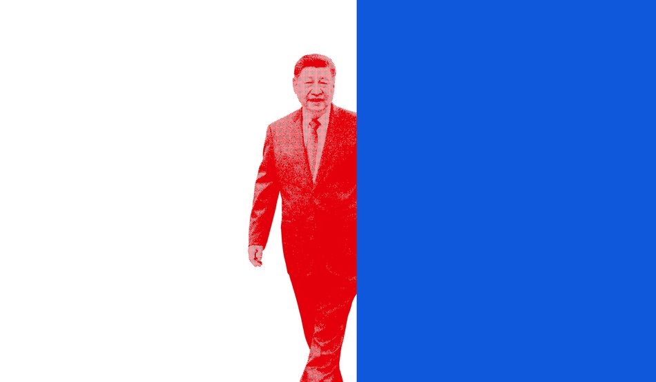 An illustration showing Zi Jinping, in red, stepping out from behind a blue block. Image: © Alamy/Prospect