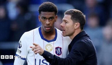 Josh Acheampong speaking to manager Xabi Alonso