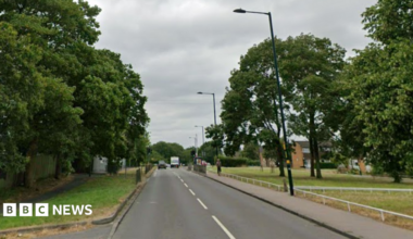 A road with white markings down the middle and vehicles seen in the distance. There are street lamps along the right and a pavement, and grass and trees on either side. Houses can be seen further in the distance.