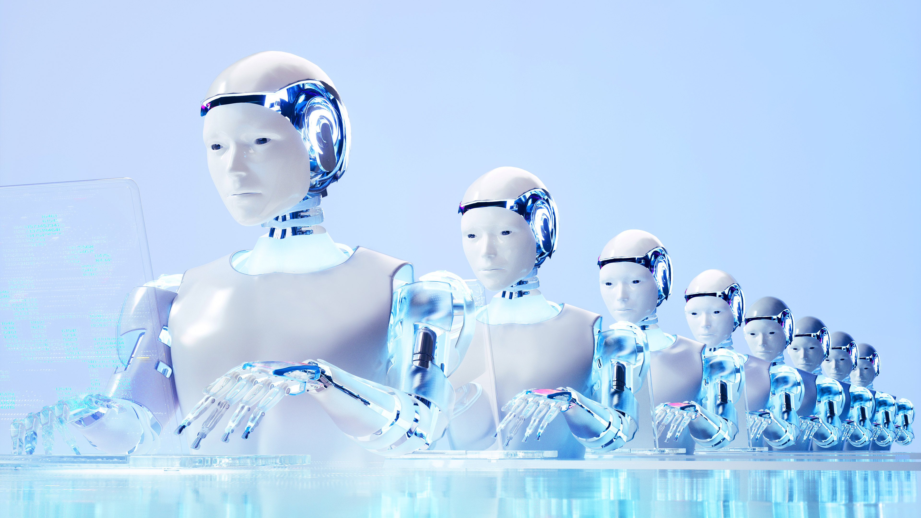 A line of robots typing at computers