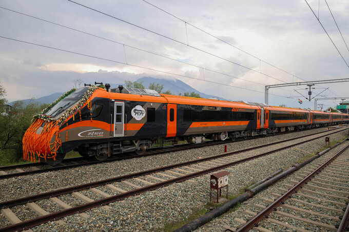 The Vande Bharat Express train departs from Srinagar railway station after being flagged off from Jammu Tawi railway station in Srinagar, Jammu and Kashmir, on April 30, 2026. Photo by AFP