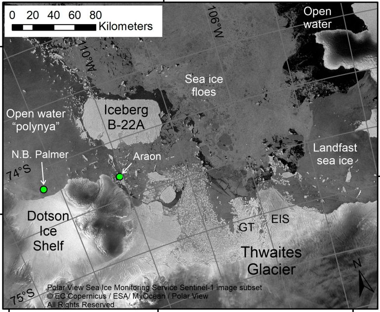 This 2022 satellite image from the European Space Agency, annotated by marine geophysicist Robert Larter, shows the positions of research vessels RVIB Nathaniel B Palmer and the RV Araon on ice shelf areas extending from Thwaites glacier in Antarctica. ‘EIS’ indicates the Eastern Ice Shelf, where research was conducted in 2020, and which recently published studies have suggested is likely to break up sometime within the next two decades