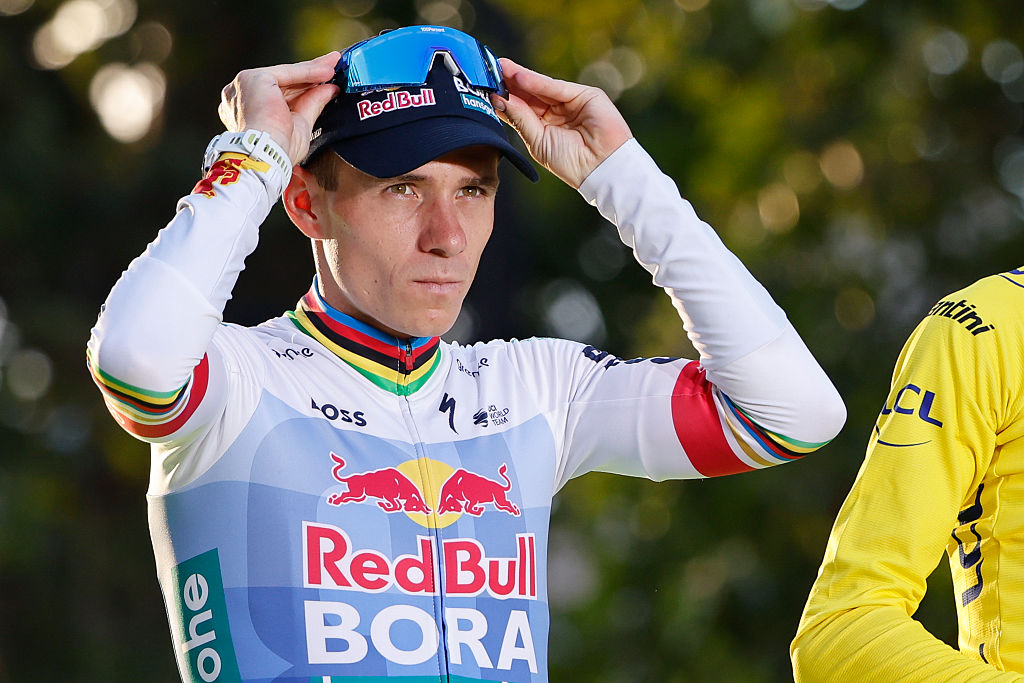 Remco Evenepoel stands in second place on the final podium of the 2026 Tour de France in Paris