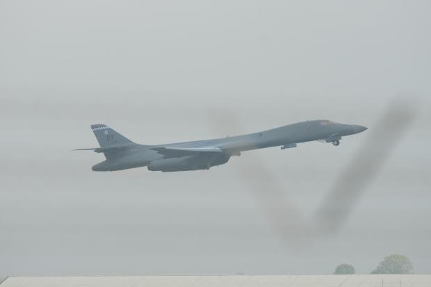 A B-1 bomber takes off from RAF Fairford in Fairford, England.