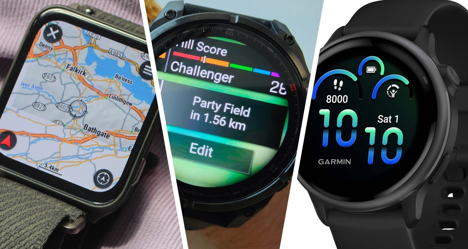 Three shots of Garmin watches with various apps open