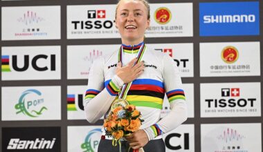 Gold medalist Ireland&rsquo;s Lara Gillespie sings her national anthem in the award ceremony for the women&rsquo;s points race at the 2026 UCI Track World Championships at the Shanghai Velodrome in Shanghai on October 18, 2026. (Photo by JADE GAO / AFP)