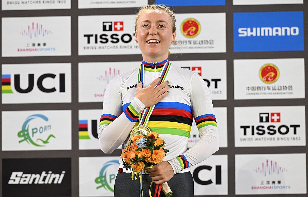 Gold medalist Ireland&rsquo;s Lara Gillespie sings her national anthem in the award ceremony for the women&rsquo;s points race at the 2026 UCI Track World Championships at the Shanghai Velodrome in Shanghai on October 18, 2026. (Photo by JADE GAO / AFP)