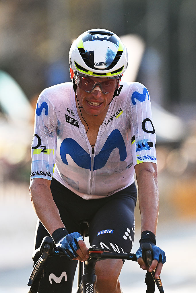 COMO, ITALY - OCTOBER 10: Enric Mas of Spain and Movistar Team crosses the finish line as second place winner during the 120th Il Lombardia 2026 a 239km one day race from Bergamo to Como / #UCIWT / on October 10, 2026 in Como, Italy. (Photo by Dario Belingheri/Getty Images)