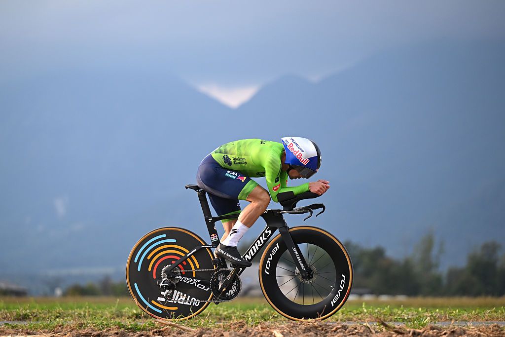 Primoz Roglic (Slovenia) on his way to victory in the 2026 UEC Road Cycling European Championships 2026, Men's Elite Individual Time Trial in Sencur, Slovenia. (Photo by Szymon Gruchalski/Getty Images)