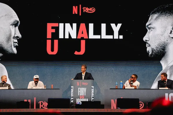 Tyson Fury and Anthony Joshua, flanked by respective promoters Frank Warren [far left] and Eddie Hearn on September 30, 2026