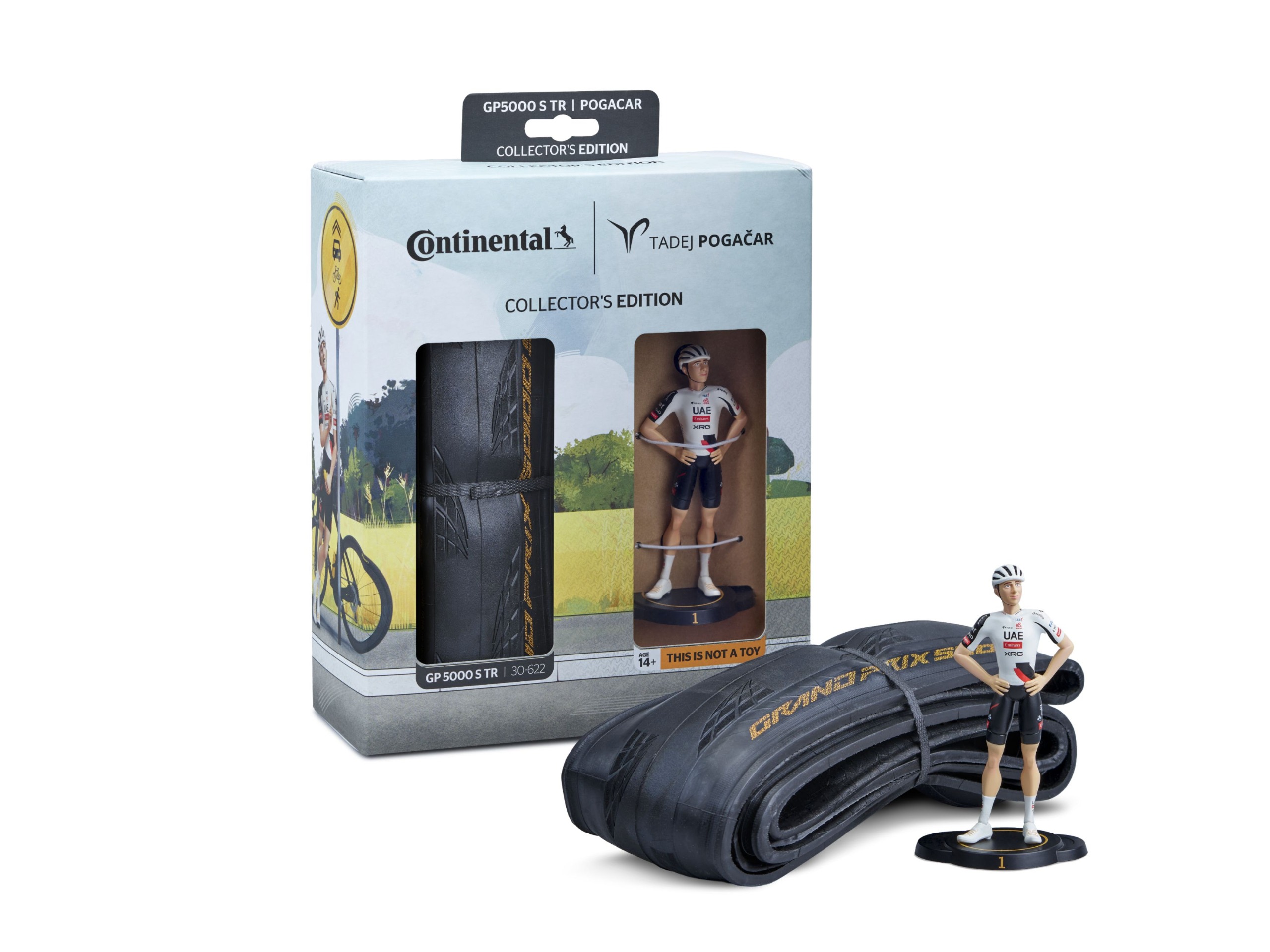 A limited edition Tadej Pogačar Contiental tyre set with Pogačar collectible