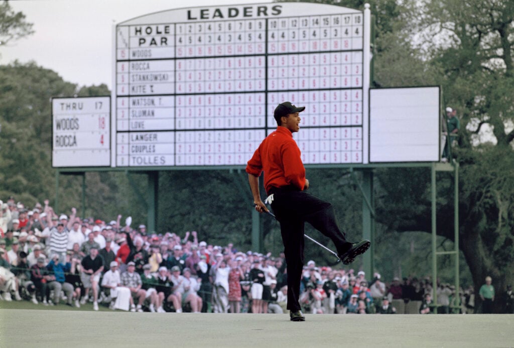 Tiger Woods celebrates his victory at The Masters in 1997