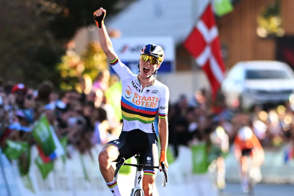 SENCUR, SLOVENIA - OCTOBER 03: Demi Vollering and Team Netherlands celebrates at finish line as gold medal winner during the 32nd UEC Road Cycling European Championships 2026 - Women's Elite Road Race a 130km one day race from Ljubljana to Sencur on October 03, 2026 in Sencur, Slovenia. (Photo by Szymon Gruchalski/Getty Images)