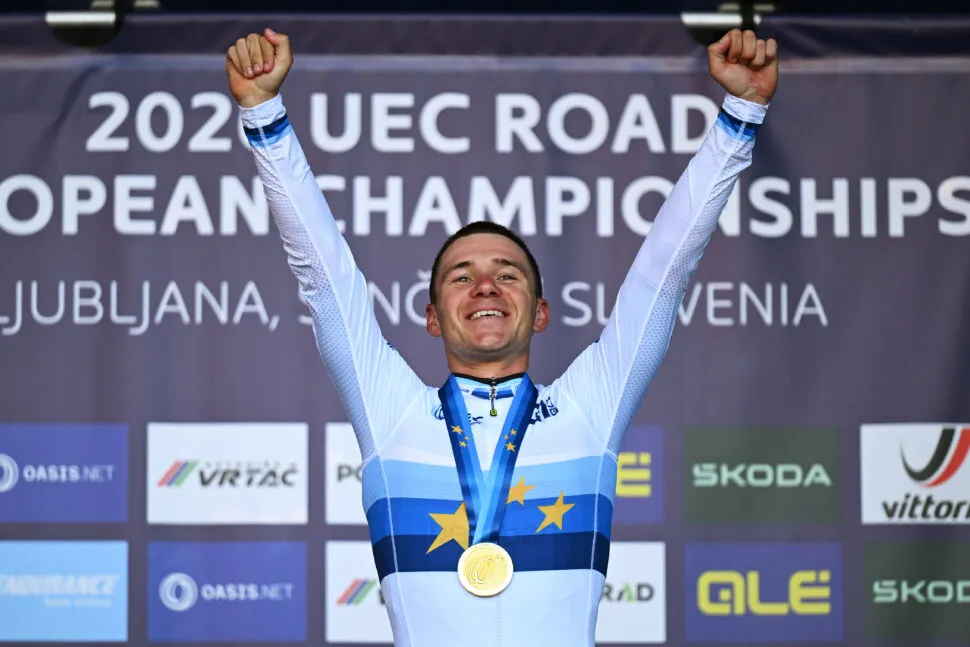 SENCUR, SLOVENIA - OCTOBER 04: Gold medalist and winner of European World Champion Jersey, Remco Evenepoel and Team Belgium poses on the podium during the 32nd UEC Road Cycling European Championships 2026 - Men's Elite Road Race a 196.3km one day race from Ljubljana to Sencur on October 04, 2026 in Sencur, Slovenia. (Photo by Szymon Gruchalski/Getty Images)