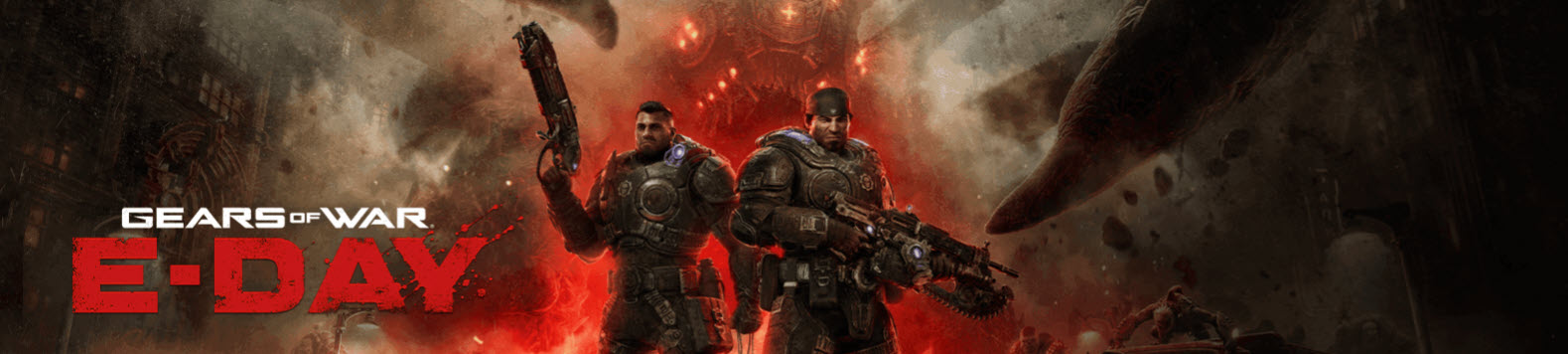 Two armored characters from 'Gears of War E-Day' stand ready for battle in a dark, ominous setting.