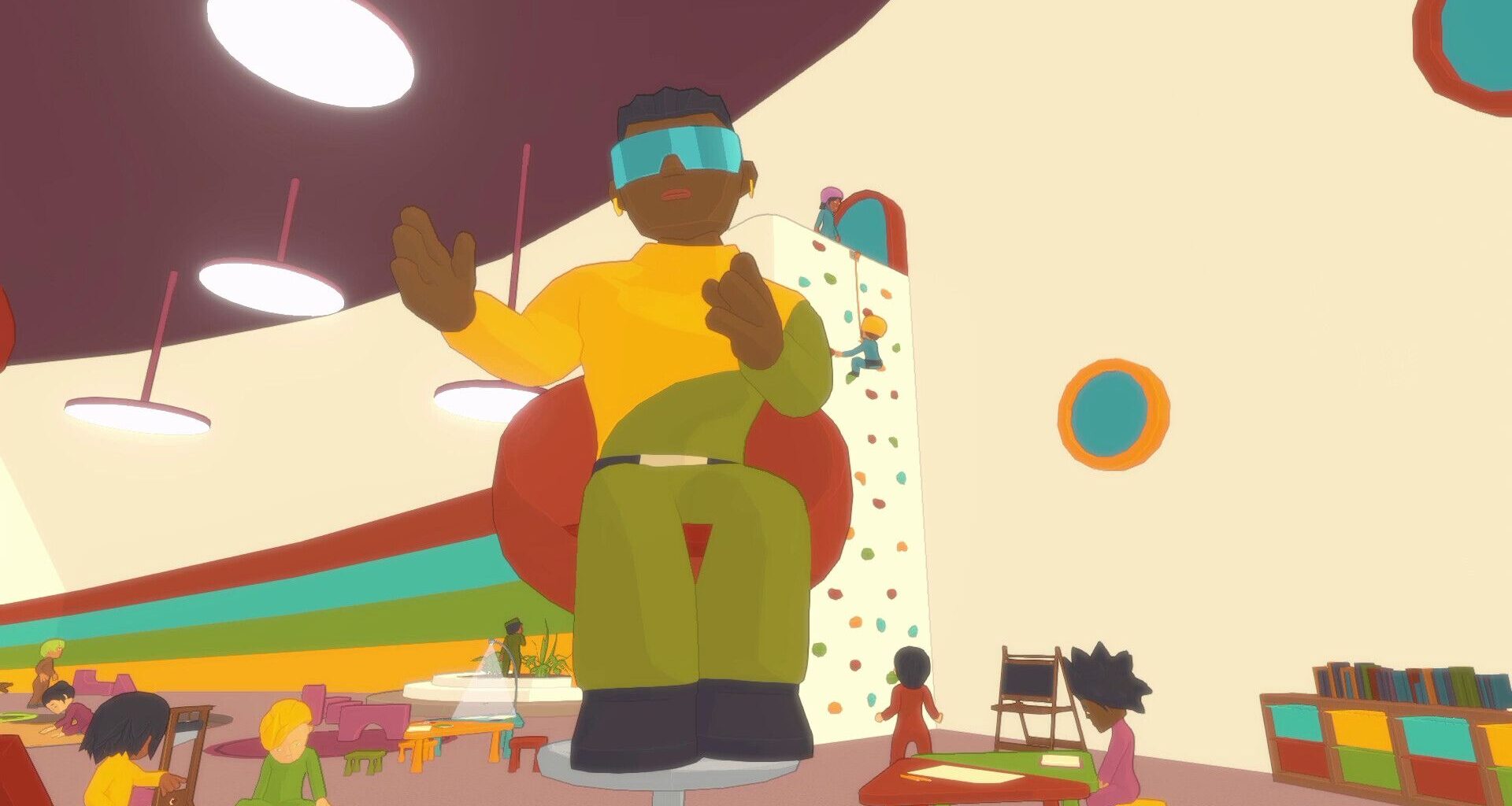 A man wearing mirror shades sits on a pedestal in Future? No Thanks!