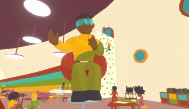 A man wearing mirror shades sits on a pedestal in Future? No Thanks!