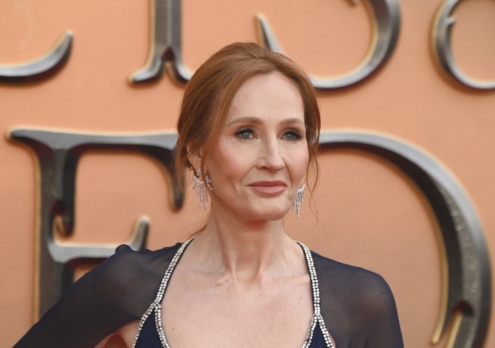 JK Rowling JK Rowling poses in front of an orange backdrop on a red carpet. She has her dyed ginger hair swept up in a bun with diamond earrings, and is wearing a navy dress
