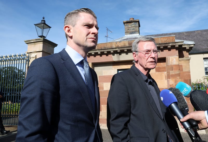 Garvaghy Road spokesman Breandán Mac Cionnaith and Solicitor Darragh Mackin leave Hillsborough Castle after speaking with the Secretary of State Chris Bryant. PICTURE: MAL MCCANN
