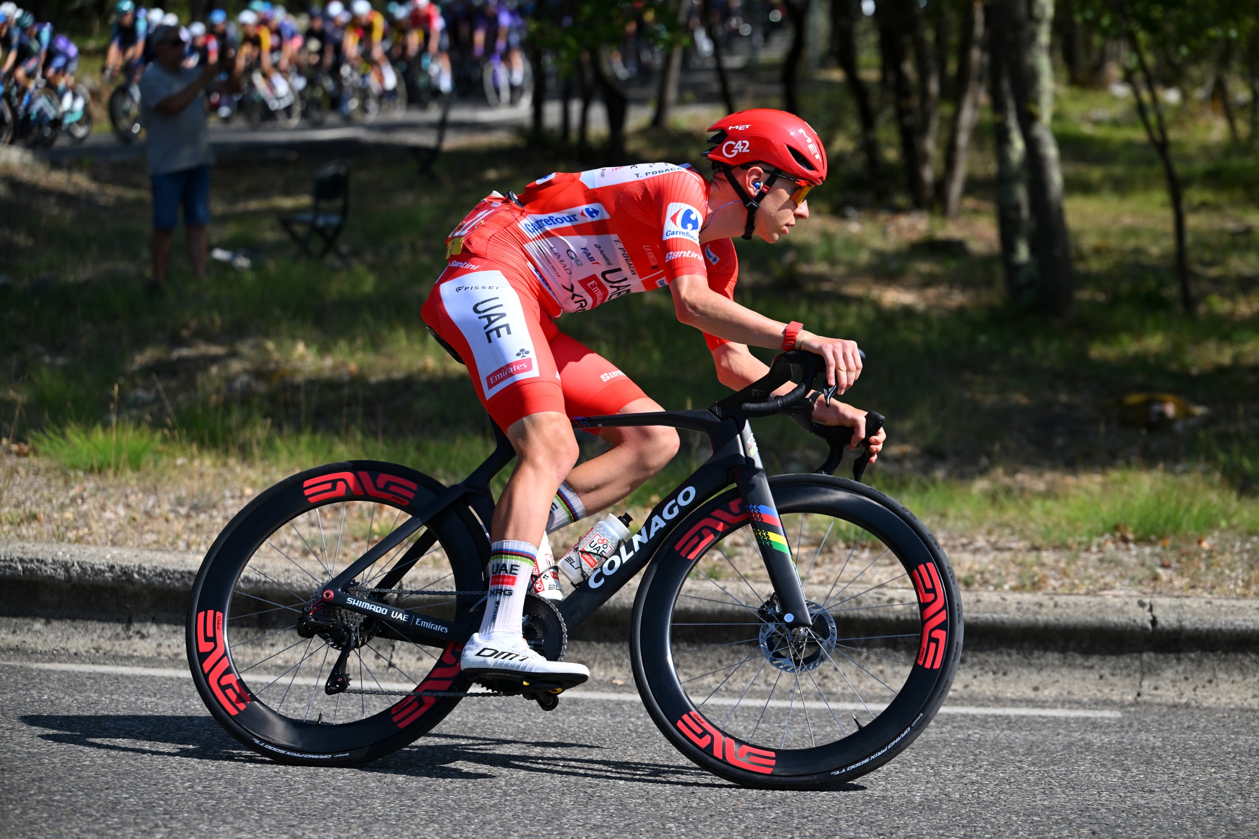 Tadej Pogacar of Slovenia and UAE Team Emirates XRG - Red Leader Jersey competes during the La Vuelta - 81st Tour of Spain 2026
