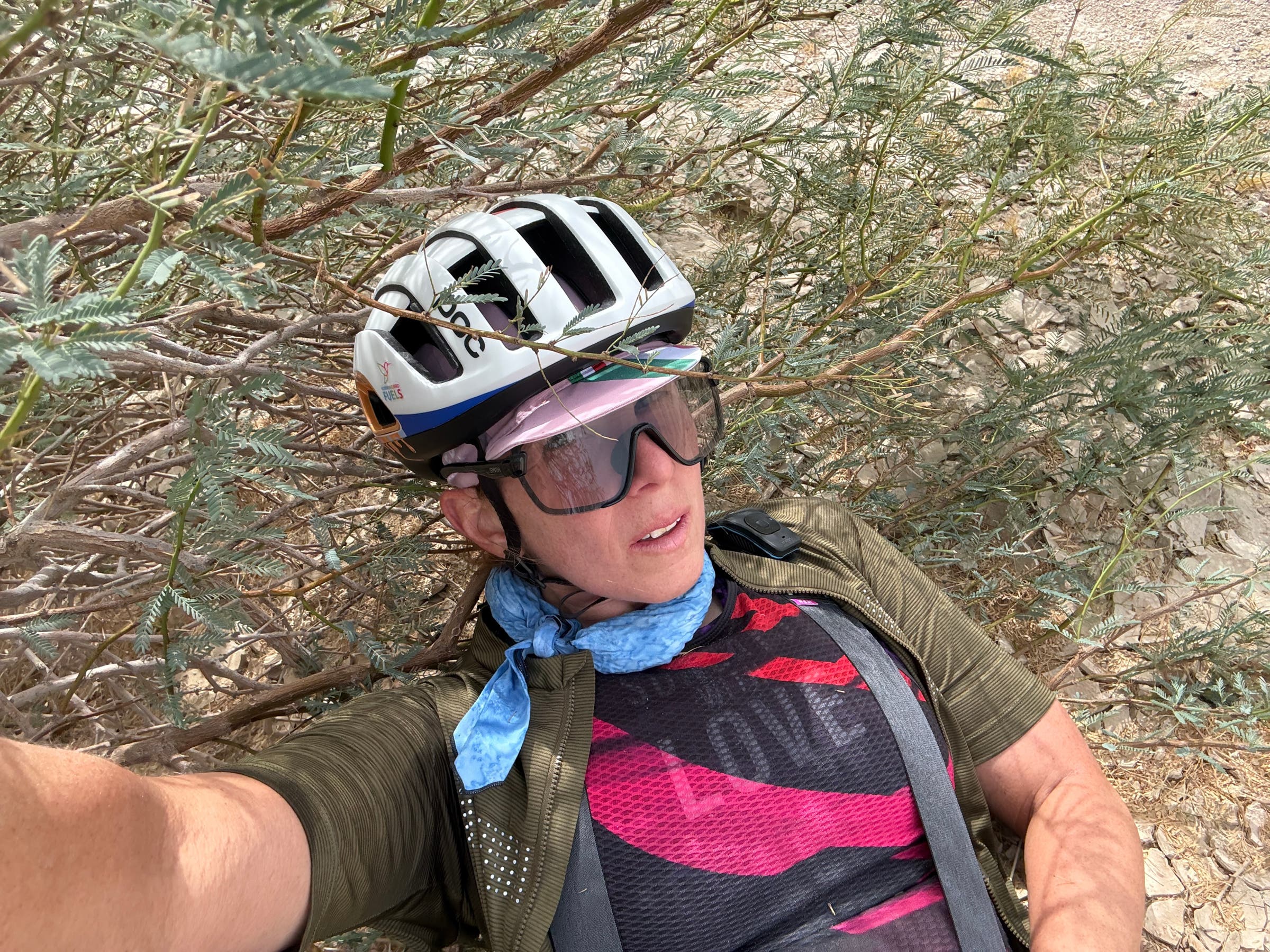 Lisa Charlebois hiding in the shade in death valley