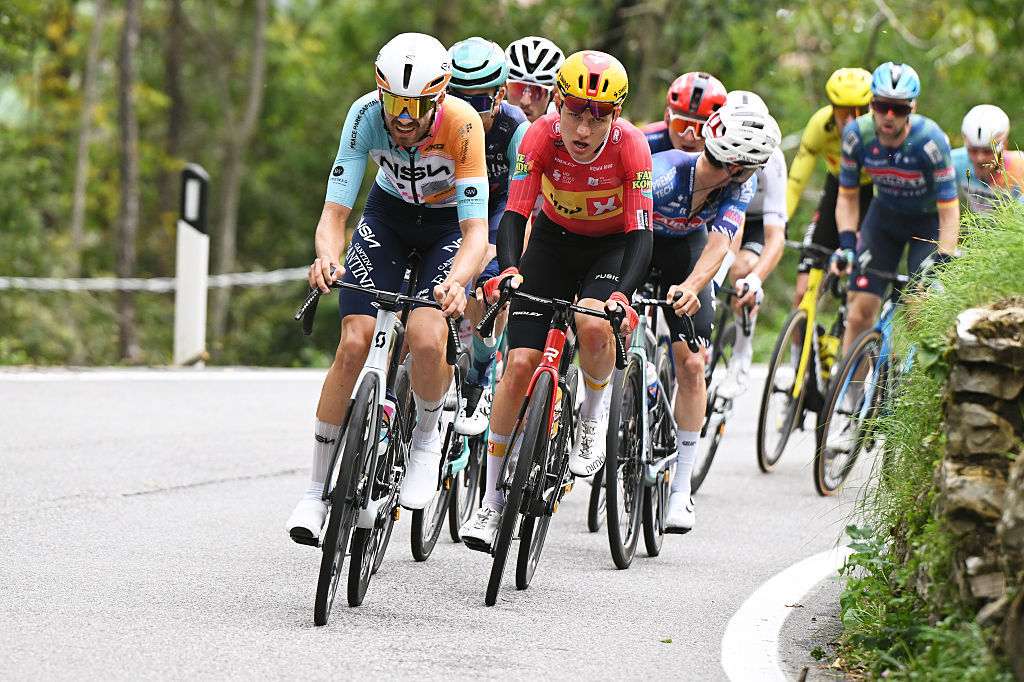 COMO, ITALY - OCTOBER 10: (L-R) Moritz Kretschy of Germany and Team NSN Cycling Team and Johannes Kulset of Norway and Team Uno-X Mobility compete during the 120th Il Lombardia 2026 a 239km one day race from Bergamo to Como / #UCIWT / on October 10, 2026 in Como, Italy. (Photo by Dario Belingheri/Getty Images)