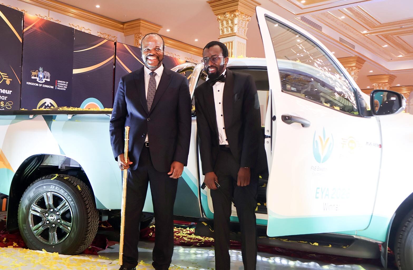 His Majesty King Mswati III sharing a light moment with the Entrepreneur of the Year 2026 winner Wandile Dlamini of Notsa Eswatini. (R) Eswatini Energy Regulatory Authority CEO Sikhumbuzo Tsabedze was among the leaders who attended the awards. (Pics: Nhlanganiso Mkhonta)