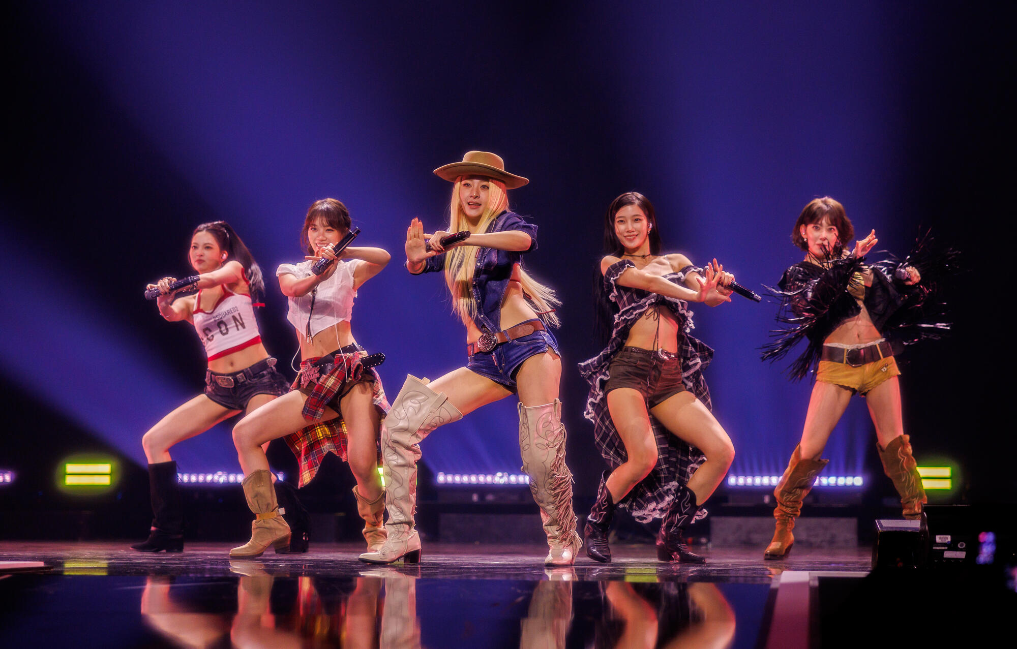 Hong Eunchae, Kim Chaewon, Kazuha, Huh Yunjin and and Sakura of Le Sserafim at the 2026 iHeartRadio Music Festival held at T-Mobile Arena on September 19, 2026 in Las Vegas, Nevada.