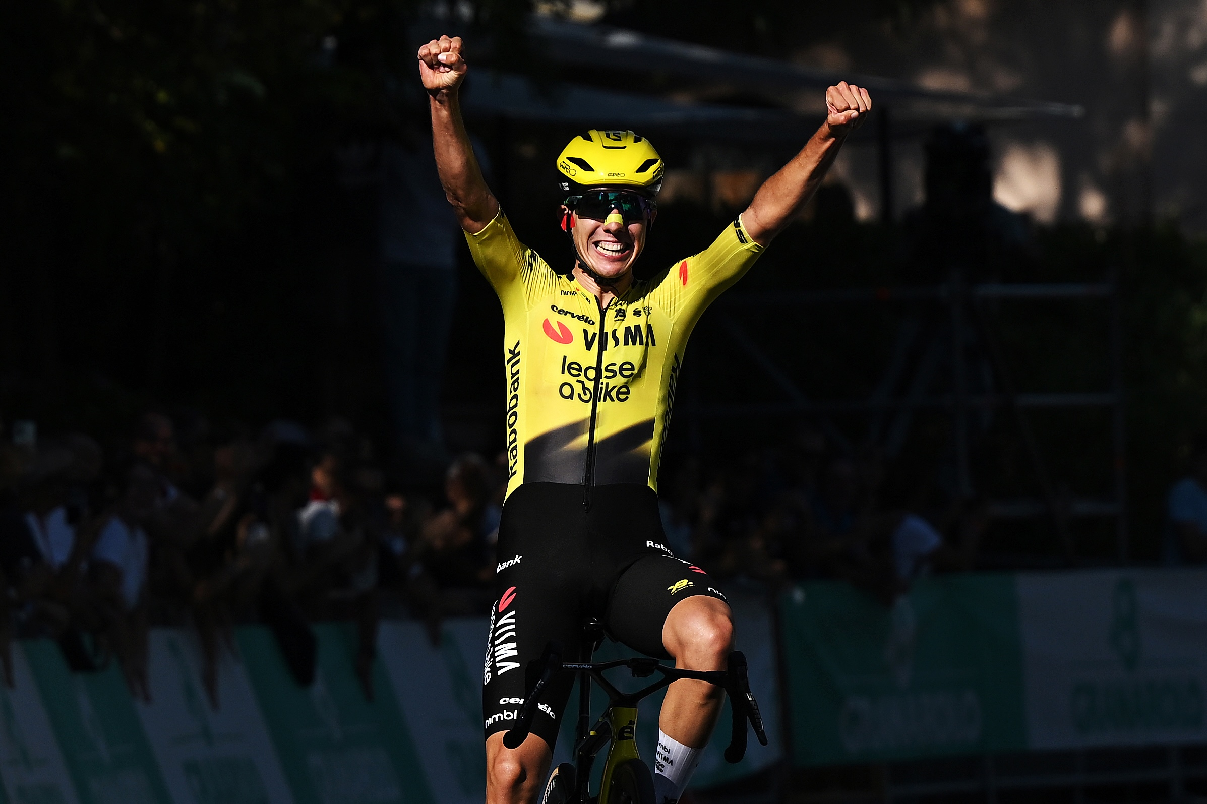 Davide Piganzoli of Italy and Team Visma | Lease a Bike celebrates at finish line as race winner during the 109th Giro dell'Emilia 2026