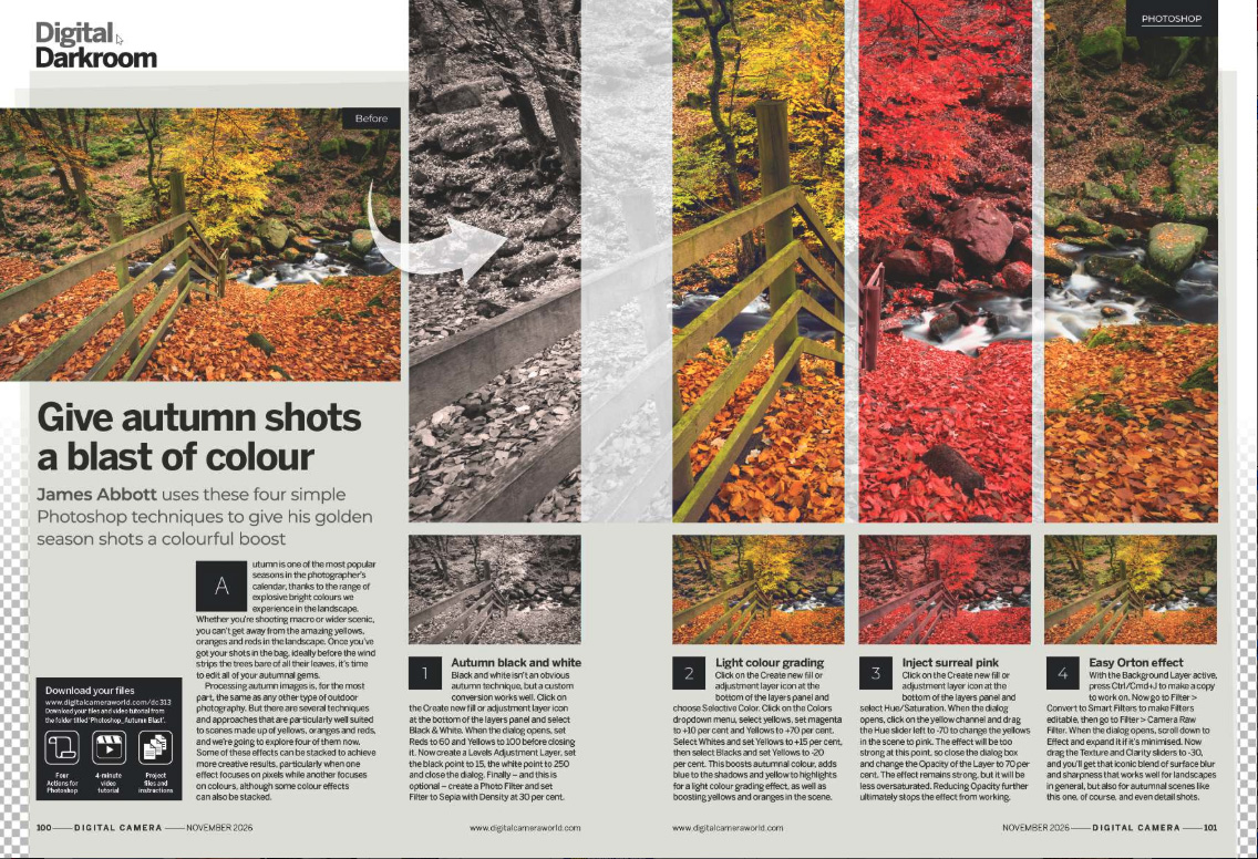 Image showing the Get the Look tutorial in issue 313 (November 2026) of Digital Camera magazine, showing how to use four simple Photoshop techniques to give golden season shots a colourful boost