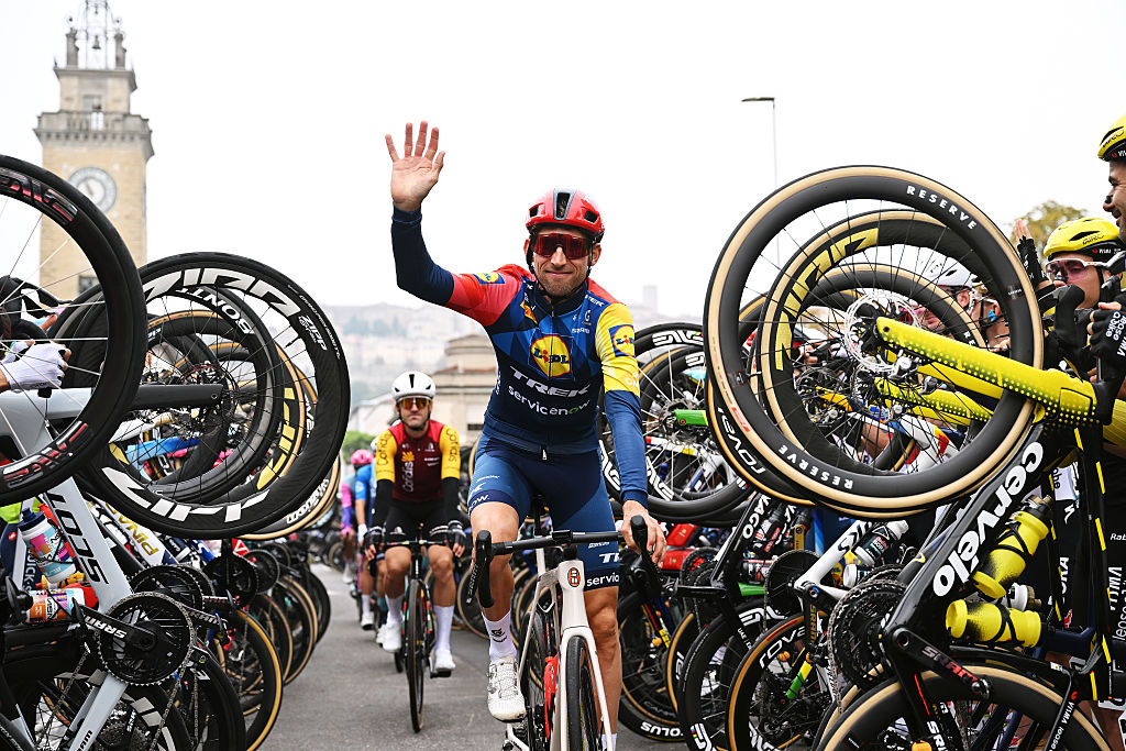 BERGAMO, ITALY - OCTOBER 10: Bauke Mollema of Netherlands and Team Lidl - Trek is being honored by his teammates on his last day as a professional cyclist prior to the 120th Il Lombardia 2026 a 239km one day race from Bergamo to Como / #UCIWT / on October 10, 2026 in Bergamo, Italy. (Photo by Dario Belingheri/Getty Images)