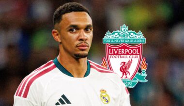 Real Madrid star Trent Alexander-Arnold next to the Liverpool badge