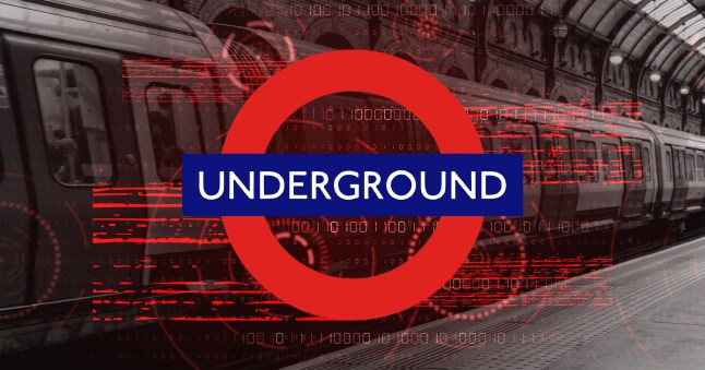 The London Underground logo with a glitchy, code-themed effect.