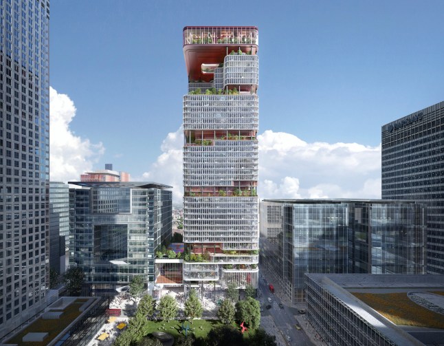 Plans unveiled for 8 Canada Square, Canary Wharf ? 18.07.24 View north from across Canada Square Park - CREDIT Copyright Kiasm. World?s largest transformation of an HQ office tower into a sustainable mixed-use building Qatar Investment Authority (?QIA?) and Canary Wharf Group (?CWG?) have today released the first images of architectural plans that display the ambition for the redevelopment of the iconic 8 Canada Square building in Canary Wharf. 8 Canada Square is fully owned by QIA, and CWG is the development partner. press pic supplied by Canary Wharf press office.
