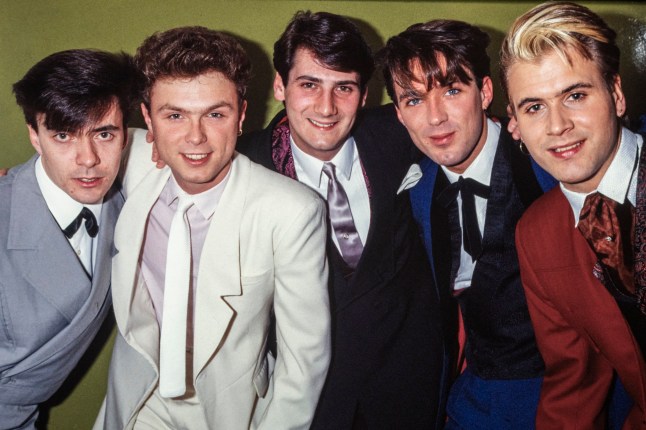 English new-romantic pop group Spandau Ballet, May 1983. Left to right: John Keeble, Gary Kemp, Tony Hadley, Martin Kemp, Steve Norman (Photo by Dave Hogan/Getty Images) 13966141