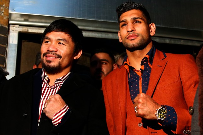 LONDON, ENGLAND - JANUARY 23: Manny Pacquiao and Amir Khan pose after holding discussions about the possibility of a future fight, at Fitzroy Lodge Amateur Boxing Club on January 23, 2015 in London, England. (Photo by Dan Istitene/Getty Images)