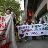 Pro-Palestinian student protesters hold a banner with the slogan "From the river 2 the sea Palestine will be free" written on it outside King's College London during an inter-university march for Gaza in London on October 7, 2025, the second anniversary of the deadly Hamas-led attack on Israel which sparked a retaliatory offensive in Gaza. (Photo by JUSTIN TALLIS / AFP) (Photo by JUSTIN TALLIS/AFP via Getty Images)