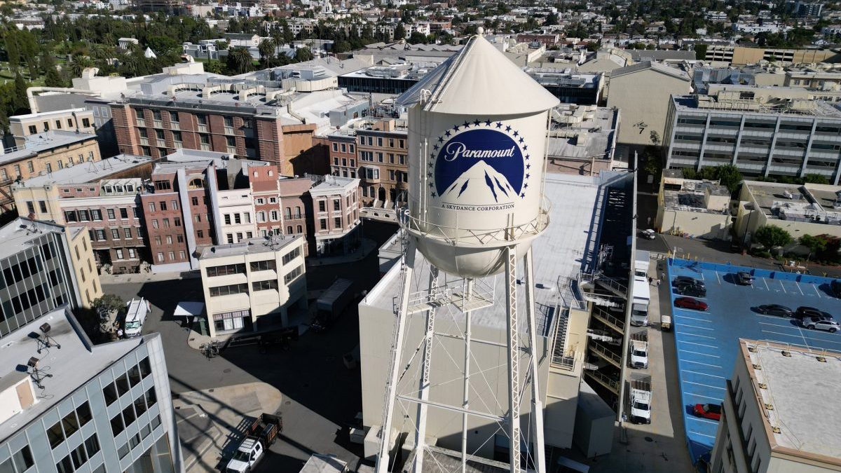 This aerial view shows the water tower with the Paramount logo at Paramount Studios in Los Angeles, California, on December 9, 2025. Paramount on December 8 launched an all-cash tender offer to acquire Warner Bros. Discovery, the Hollywood giant that also owns CNN, in a challenge to Netflix's own highly contested deal. (Photo by Robyn Beck / AFP via Getty Images)