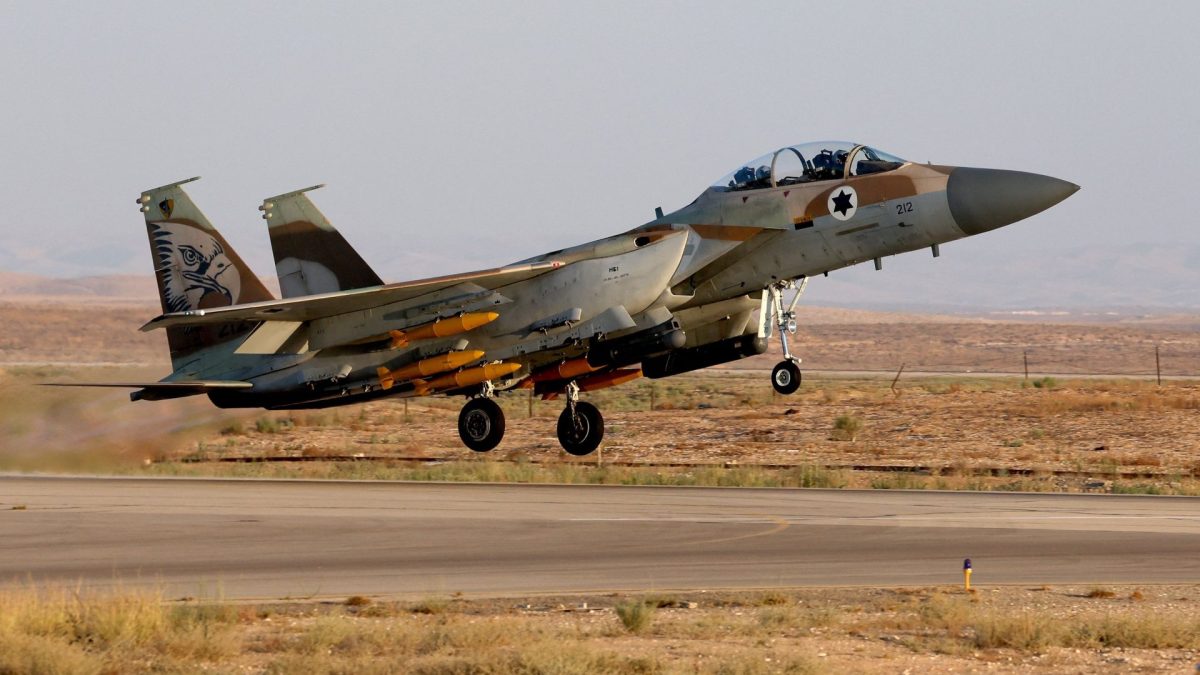 Israel's F-15E Strike Eagle fighter plane takes off during an air show at the graduation ceremony of Israeli Air Force pilots at the Hatzerim base in the Negev desert, near the southern city of Beer Sheva, on June 29, 2023. (Photo by JACK GUEZ / AFP) (Photo by JACK GUEZ/AFP via Getty Images)
