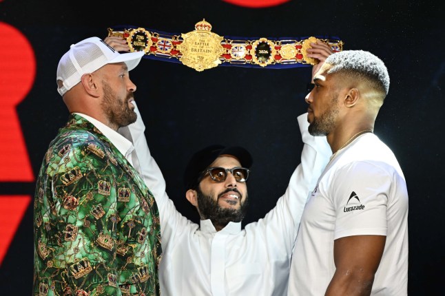 Heavyweight boxers Tyson Fury (left, in camouflage) and Anthony Joshua (right, in white) face off during the announcement of their upcoming fight at The British Airways Arc in London. Featuring: Tyson Fury, Anthony Joshua Where: London, United Kingdom When: 30 Sep 2026 Credit: ZUMA Press/Cover Images **All usages and enquiries, please contact info@cover-images.com - +44 (0)20 3397 3000ONLY AVAILABLE FOR PUBLICATION IN THE UK**
